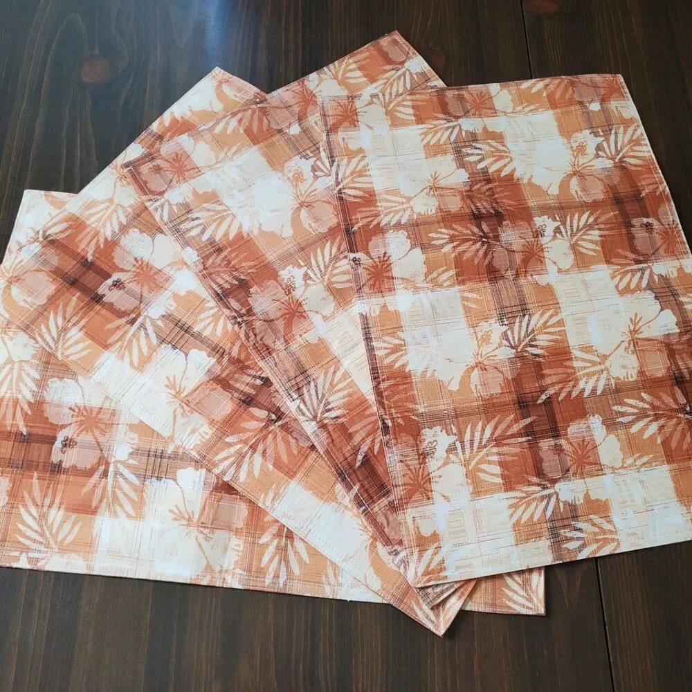 Cloth Placemats 4 Tropical Floral Plaid Brown Cream Tan Hibiscus 19x13